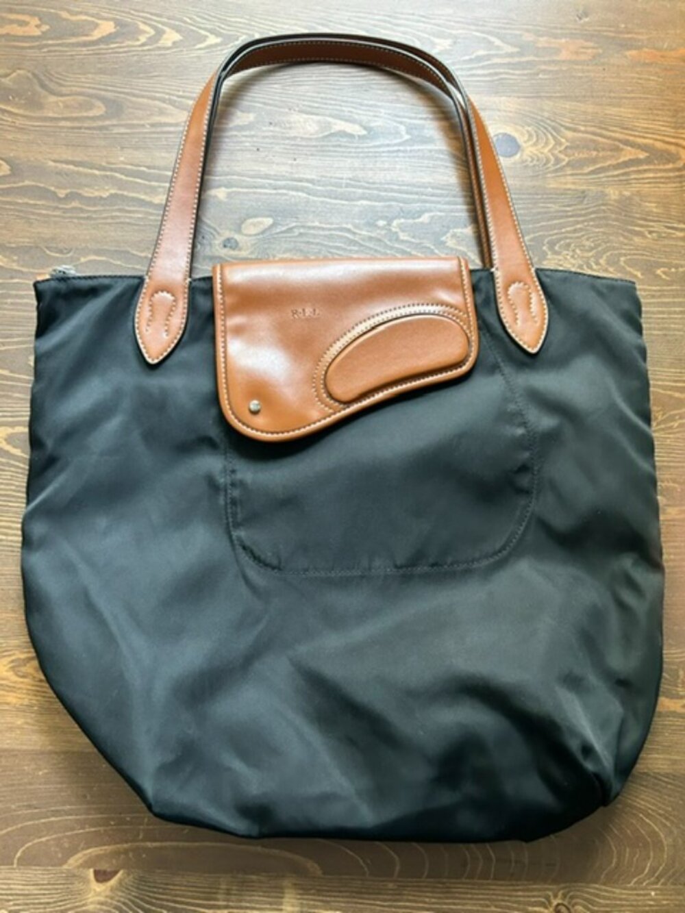 R.L.L Ralph Lauren Black Nylon, Leather Straps Packable Tote Bag